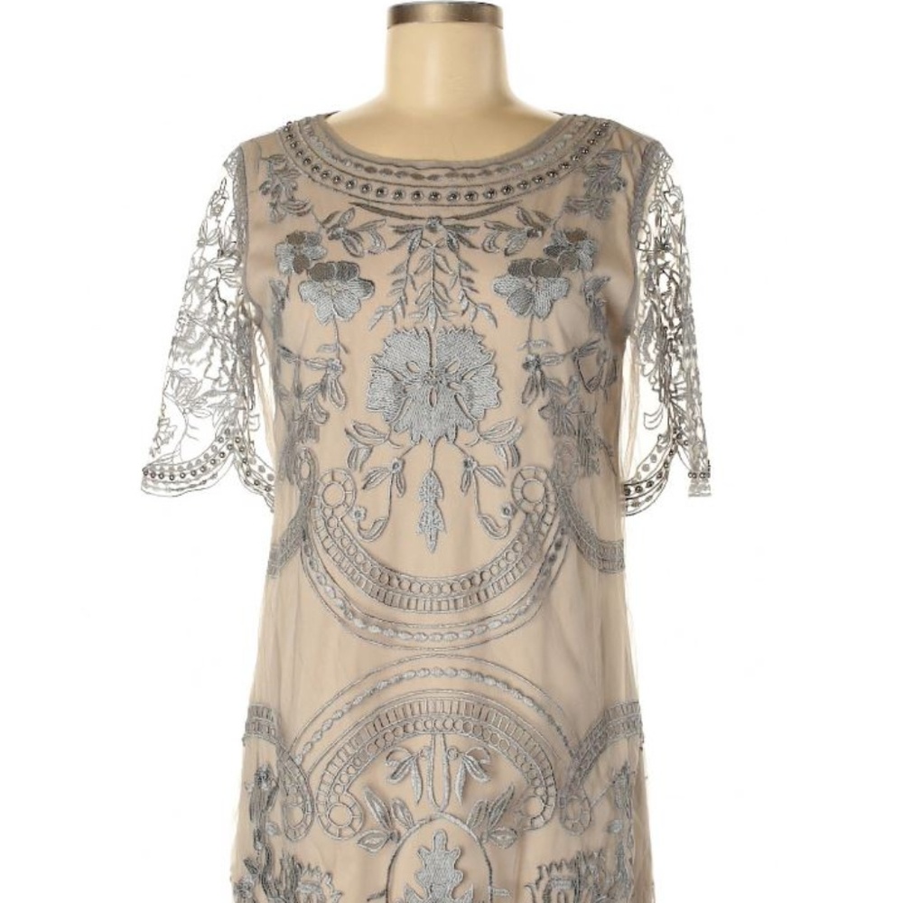 Boho lace dress gray/silver over nude slip